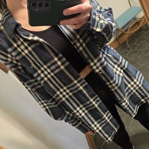 Plaid Button-Up Flannel Shirt Jacket - Blue/White